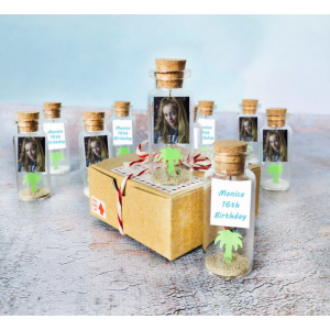 Quinceañera Favor with Photo, Customized Tropical Favor for Guests, Personalized Palm in a bottle Guests Gifts, Sweet 16 Message in a Bottle