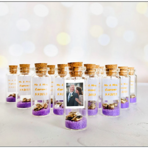 Set of 10 Wedding anniversary favors with photo, Lavender Wedding party favors, Message in a bottle favors for guests