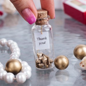 Golden 50th wedding favors, Personalized message in a bottle for 50th anniversary party, Gold seashells in bottle as party guest gift